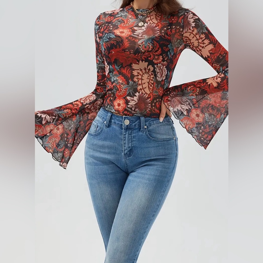 Floral Print Mesh Lettuce Trim Mock Neck Long Bell Sleeve Crop Top